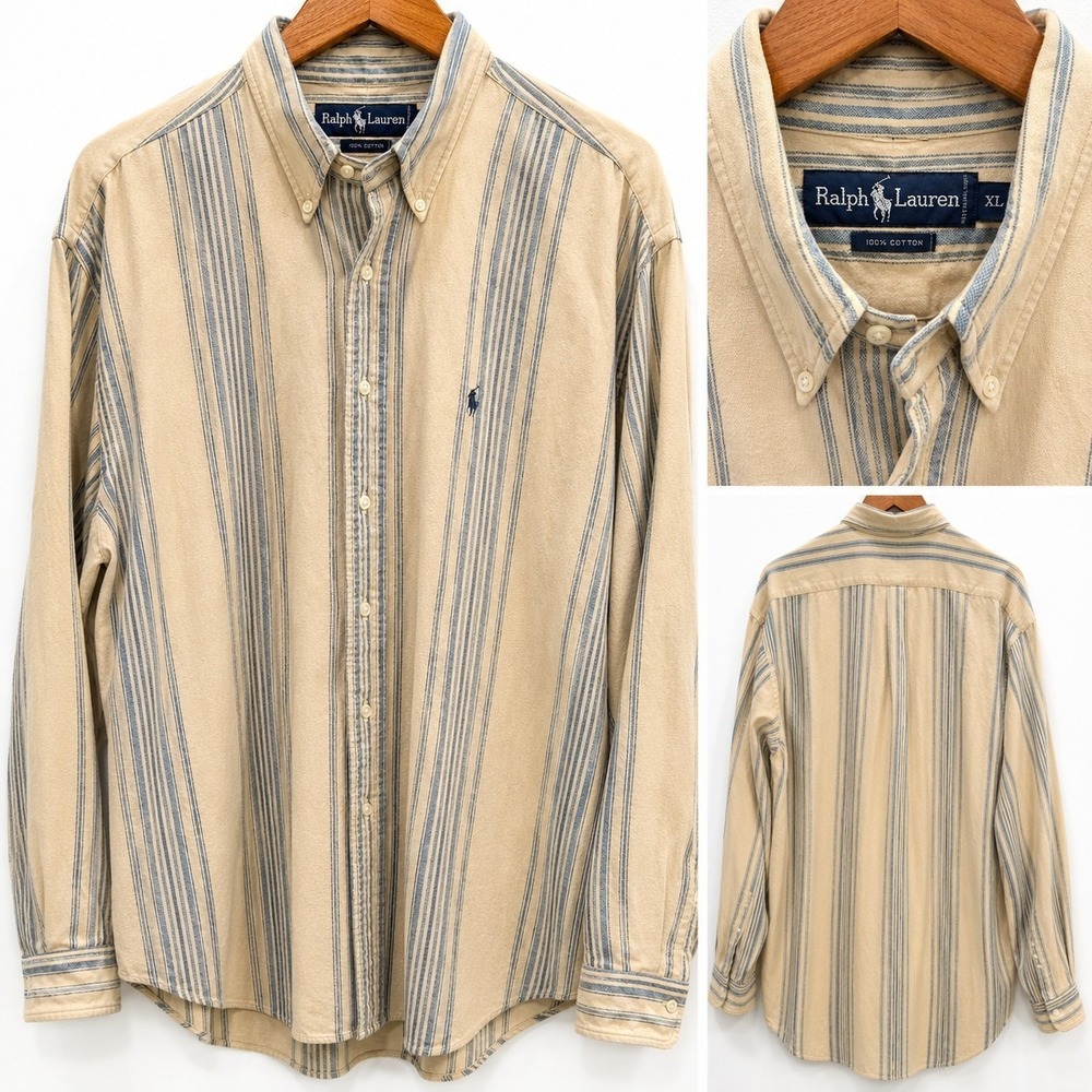 Ralph Lauren Button Down Shirt Men's XL Beige Blue Striped 100% Cotton Classic